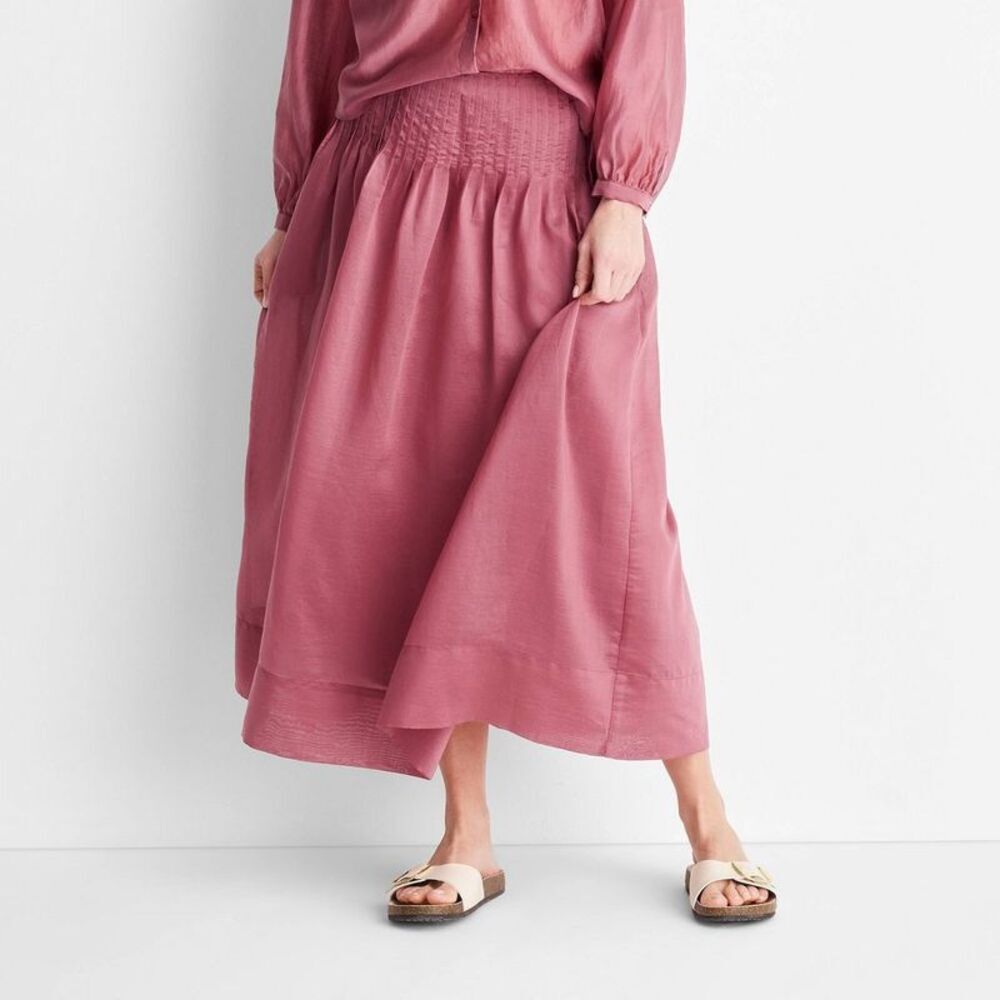Women's Drop Waist Pleated Sheer Midi Skirt - Future Collective Berry Red 4